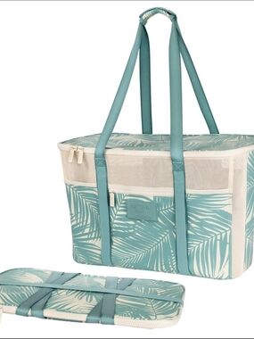 ALOHA Collection Collapsible Beach Tote Bag, Aqua Teal Palm Print Tote Bag, 42L